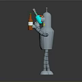 Silver Robot With Yellow Face Black Eyes Holding Blue And Red Bottles