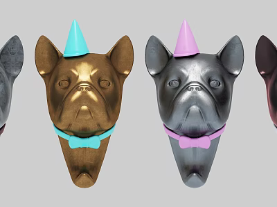 Stylish Animal Wall Decor Dog Head Sculptures with Party Hats Bow Ties and Metallic Finishes 3d model