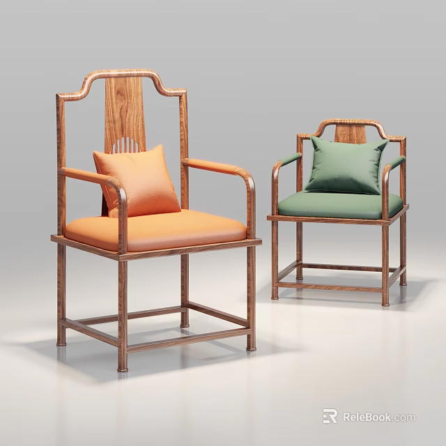 Chinese Style Solid Wood Tea Chairs With Armrests Orange Green Cushions And Carved Backrests 3d model 
