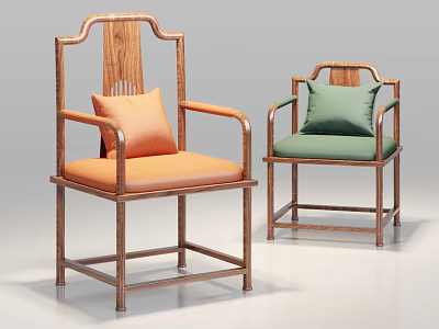 Chinese Style Solid Wood Tea Chairs With Armrests Orange Green Cushions And Carved Backrests 3d model
