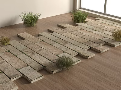Rockery Stones Arranged On Wooden Floor With Small Grass And Green Plants By Window 3d model