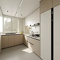 Modern Restaurant Kitchen Interior With White Cabinets Refrigerator Window Sink And Stove