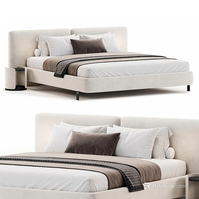 Modern Double Bed With Upholstered Headboard Light Frame Multiple Pillows And Striped Runner 3d model 