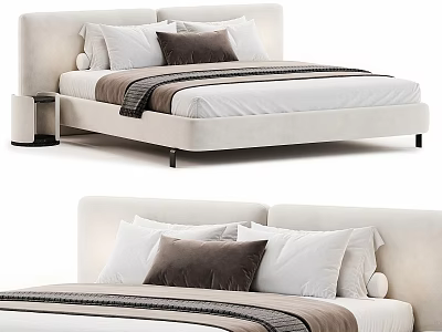 Modern Double Bed With Upholstered Headboard Light Frame Multiple Pillows And Striped Runner 3d model