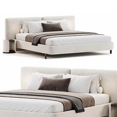 Modern Double Bed With Upholstered Headboard Light Frame Multiple Pillows And Striped Runner 3d model
