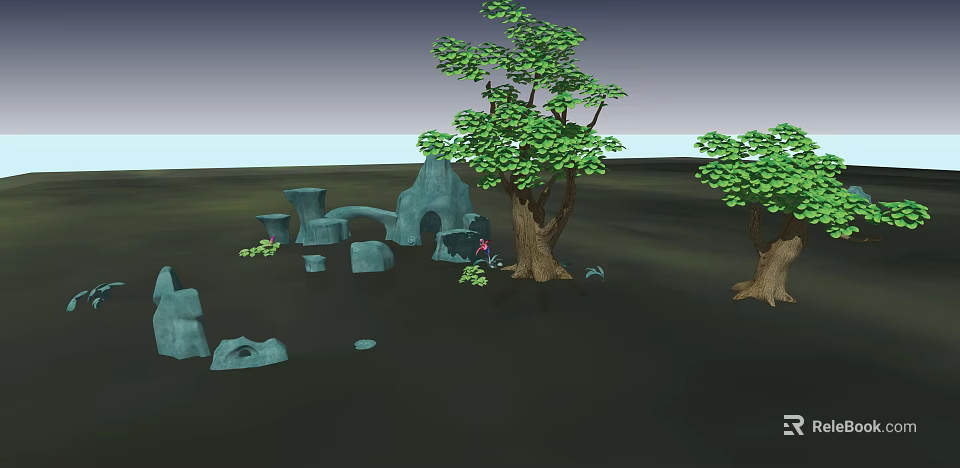 Park Landscape With Lush Green Trees Natural Rocks And Cave Structure 3d model 