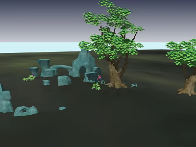 Park Landscape With Lush Green Trees Natural Rocks And Cave Structure 3d model