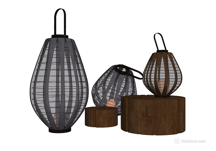 Rattan Lantern Shaped Floor Lamps with Wooden Bases and Contemporary Design 3d model 
