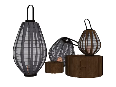 Rattan Lantern Shaped Floor Lamps with Wooden Bases and Contemporary Design 3d model