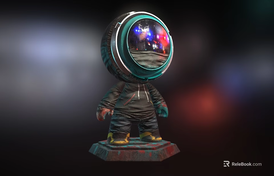 3D Game Movie Character With Round Reflective Astronaut Helmet Dark Hoodie and Worn Base 3d model 