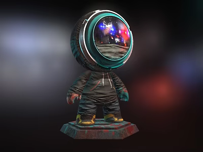 3D Game Movie Character With Round Reflective Astronaut Helmet Dark Hoodie and Worn Base 3d model