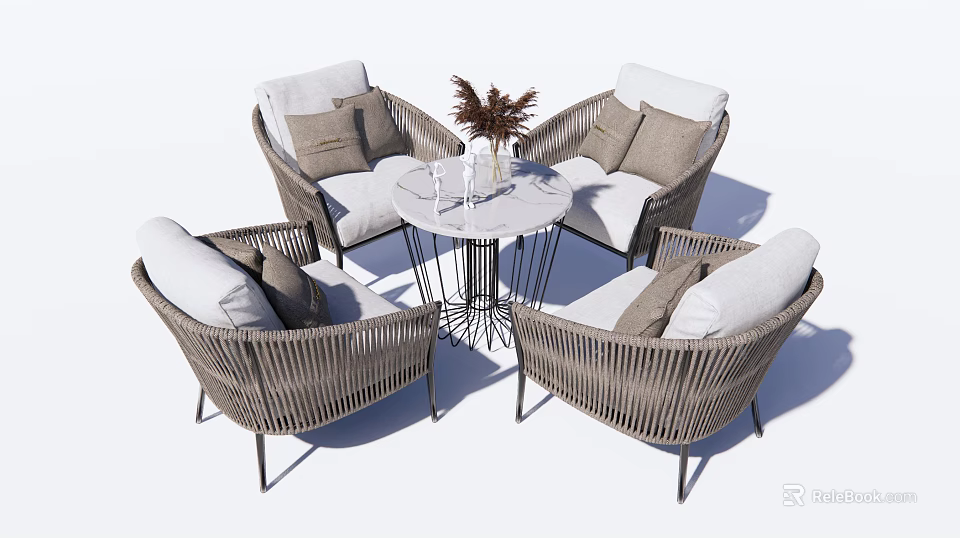 Elegant Rattan Outdoor Sofa Set With Four Seats Cushions And Round Coffee Table 3d model 