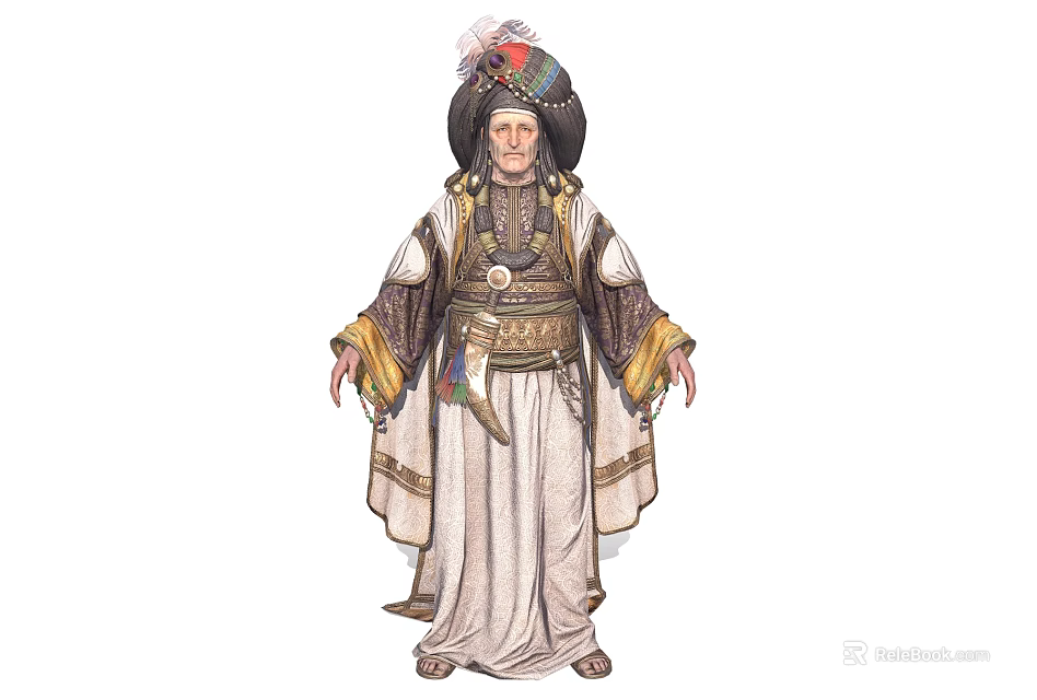 Detailed Game Movie Character In Traditional Ornate Hat Long Robe With Colorful Sleeves 3d model 