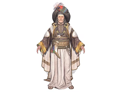 Detailed Game Movie Character In Traditional Ornate Hat Long Robe With Colorful Sleeves 3d model