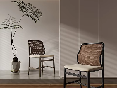 Modern Dining Chairs With Rattan Backrests Black Frames And Light Cushions Near Potted Plant 3d model