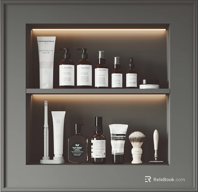 Modern Bathroom Accessories Organized On Shelf With Lighting Bottles And Toiletries 3d model 