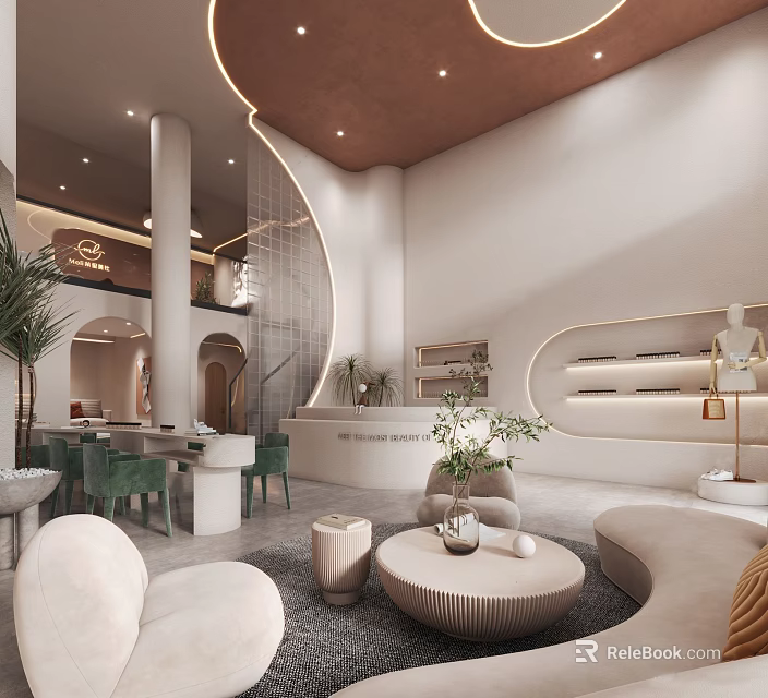 Elegant Modern Beauty Hair Salon Interior With Comfortable Seating And Green Plants 3d model 