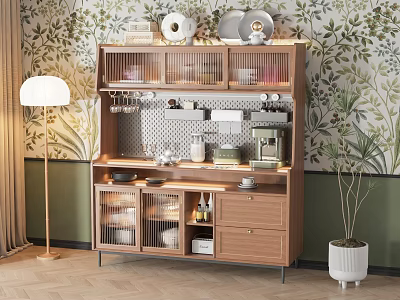 Elegant Wooden Sideboard With Glass Doors Decorative Dishes And Green Floral Wallpaper Background 3d model