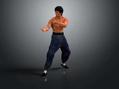 Man Performing Martial Arts Action In Black Vest And Blue Pants Against Gray Background 3d model