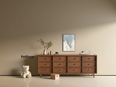Wooden Entryway Console Cabinet With Drawers Potted Plant Artwork Teddy Bear And Small Wooden Box 3d model
