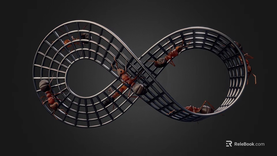 Industrial Equipment With Metal Grid Structure in Infinite Symbol Shape and Red Ants Crawling 3d model 