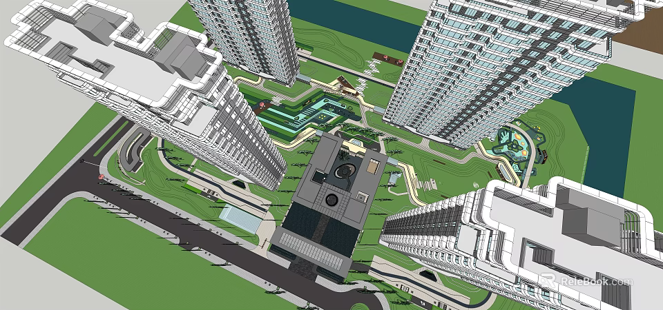 Modern Urban Landscape Design in High Rise Residential Area With Green Spaces and Water Paths 3d model 