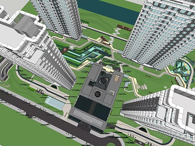 Modern Urban Landscape Design in High Rise Residential Area With Green Spaces and Water Paths 3d model