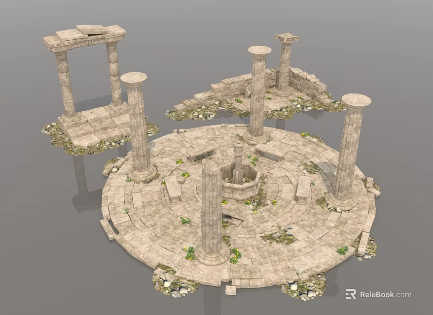 Ancient Architecture Ruins Featuring Circular Stone Platform Tall Columns And Scattered Stone Blocks 3d model