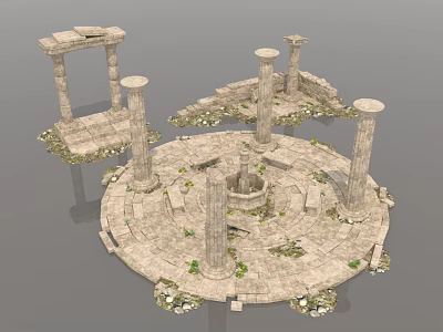 Ancient Architecture Ruins Featuring Circular Stone Platform Tall Columns And Scattered Stone Blocks 3d model