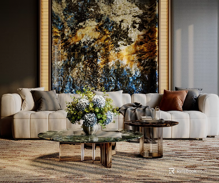 Plush White Sofa and Marble Top Coffee Table Set with Colorful Pillows and Abstract Artwork 3d model 