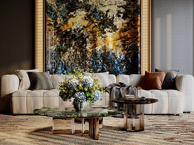 Plush White Sofa and Marble Top Coffee Table Set with Colorful Pillows and Abstract Artwork 3d model