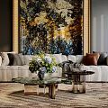 Plush White Sofa and Marble Top Coffee Table Set with Colorful Pillows and Abstract Artwork