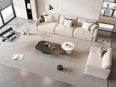 Modern Living Room With Beige Sofa Cushions And Black White Coffee Table Set On Rug 3d model