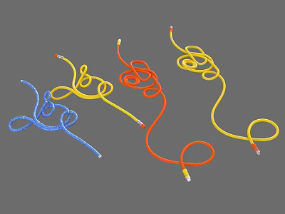 Colorful Coiled Cables in Blue Yellow Red with White Red Tips 3d model