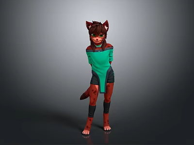 3D Feline Character With Brown Red Fur Green Top And Black Shorts 3d model