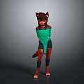 3D Feline Character With Brown Red Fur Green Top And Black Shorts