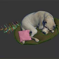 Yellow Labrador Retriever Lying Comfortably On Brown Dog Bed With Pink Pillow And Green Plant