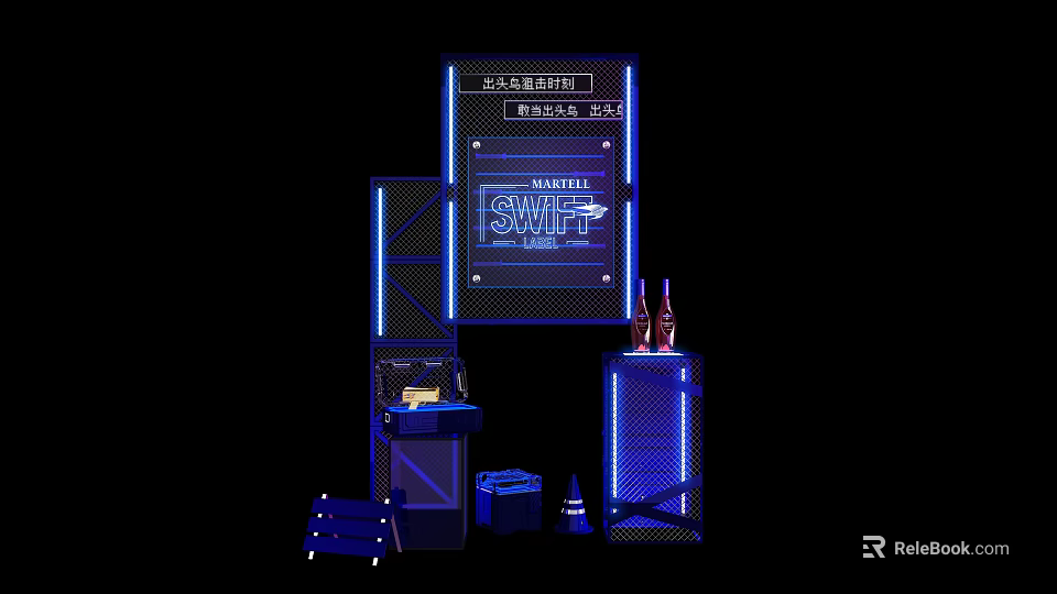 Marble Swift Display Setup With Blue Lighting Shelves Bottles And Crates 3d model