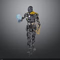 Silver Robot Standing With Yellow Cape Holding Blue Glowing Orb