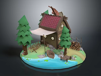 Charming Wooden Cabin With Red Roof Pine Trees Small Boat By Water Swing And Waterwheel 3d model