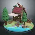 Charming Wooden Cabin With Red Roof Pine Trees Small Boat By Water Swing And Waterwheel