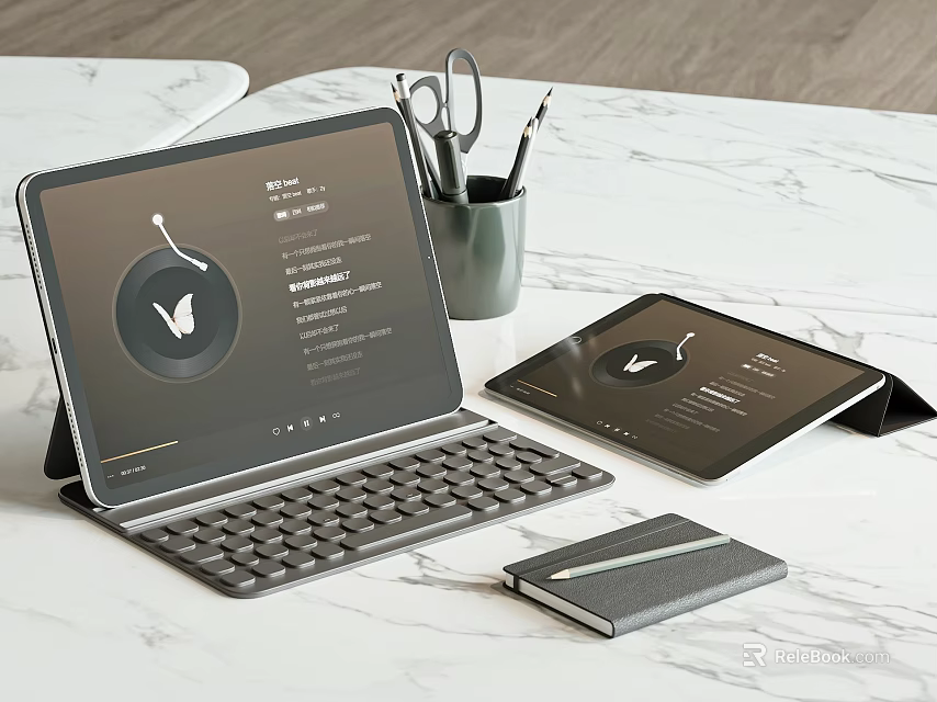 Modern Tablet Setup In Office Workspace With Keyboard Another Tablet Notebook Office Supplies And Pen 3d model 