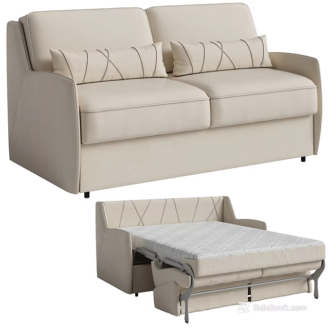 Beige Upholstered Two Seater Convertible Sofa Bed With Patterned Cushions 3d model 