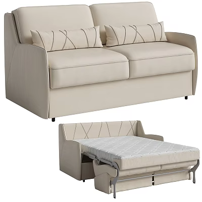 Beige Upholstered Two Seater Convertible Sofa Bed With Patterned Cushions 3d model