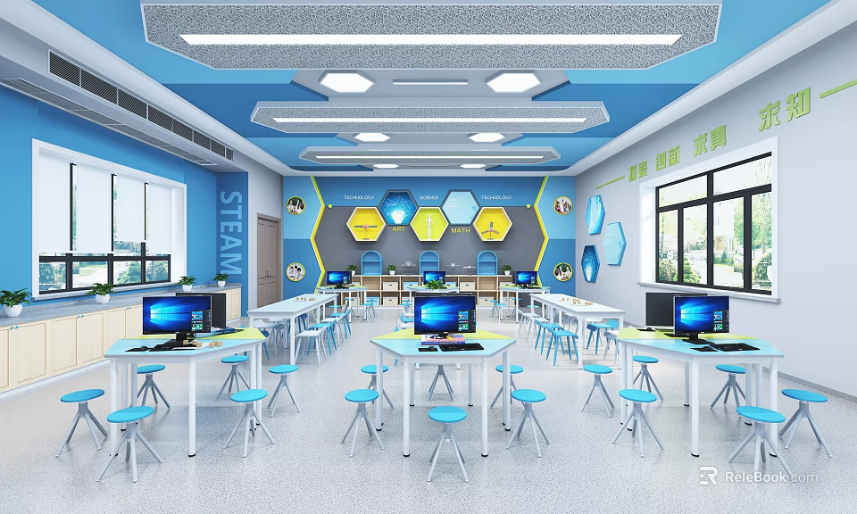 School STEAM Classroom With Blue Interior Hexagon Decor And Computer Workstations 3d model 