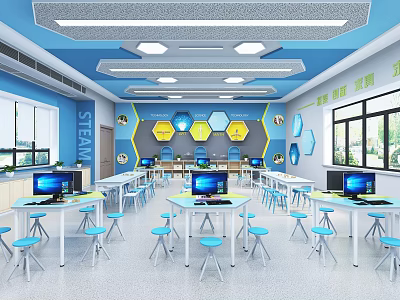 School STEAM Classroom With Blue Interior Hexagon Decor And Computer Workstations 3d model