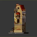 Cartoon Scene Of Multi story Red Roof Building With Balconies Shop Front And Lantern