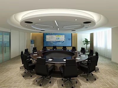 Modern Conference Room Interior With Round Table Black Chairs Large Screen And Potted Plant 3d model