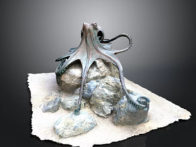 Artistic Octopus Bronze Sculpture Placed On Natural Rocks With Gray Background 3d model