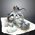 Artistic Octopus Bronze Sculpture Placed On Natural Rocks With Gray Background